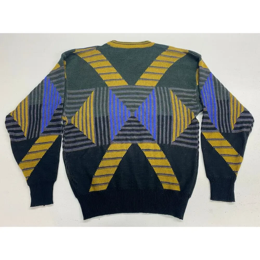 VTG 90s Men Union Pier 3D knit geometric graphic crewneck pullover sweater L